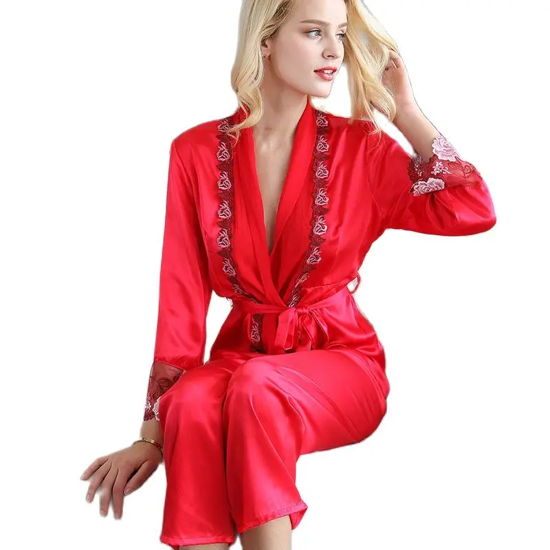 Пижама женская из натурального шелка Весна-Осень 100% Шелковая пижама с длинным