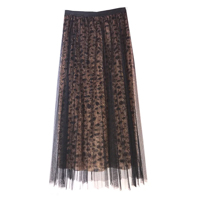 Женская плиссированная юбка с леопардовым принтом длинная сетчатая высокой