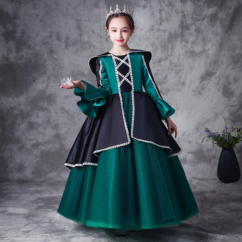 

Flower Girl Dress Elegant Embroidery Full O-Neck Princess Luxury Dark Green Floor-Length Tulle Lace Lovely Kids Party Gown H277