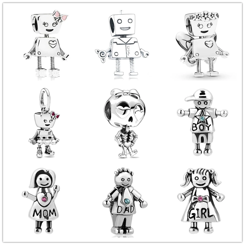 

New 925 Sterling Silver Bella Bot Punk Band Dangle Skeleton Girl Charm Beads Fit Original Pandora Bracelet DIY Jewelry For Women