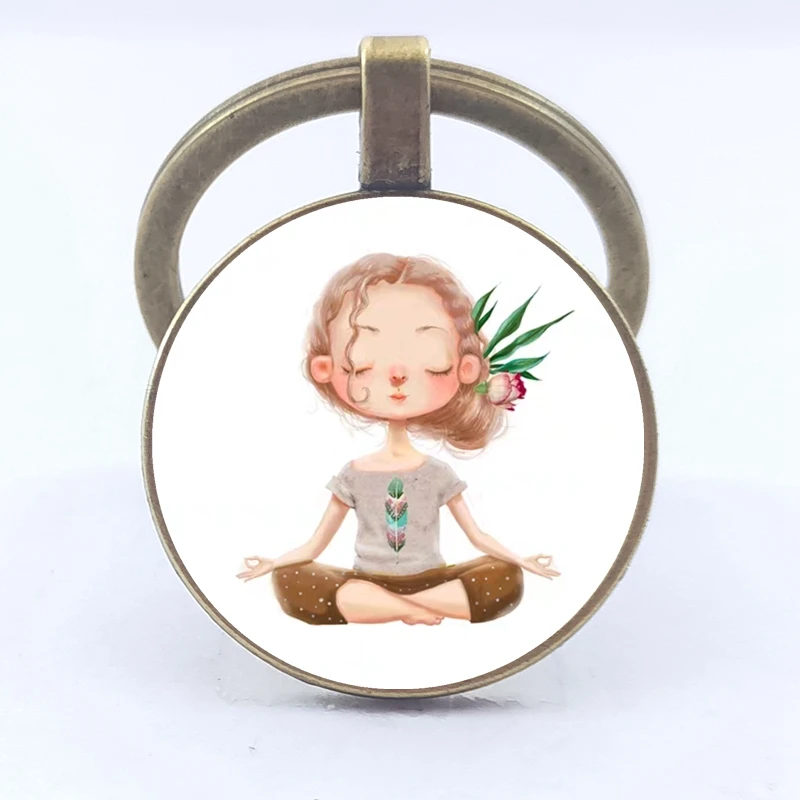 Современный стеклянный круглый брелок I Love Yoga милый мультяшный персонаж Будда