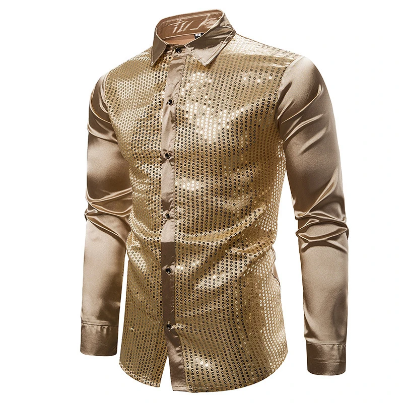 

2019 New Men's Sexy Sequin Party Wedding Shirts Male Black Gold Silver Nightclub Shiny Shirt Slim Fit Long Sleeve Shirt S-2XL
