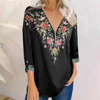 2021 autumn womens fashion casual v neck zipper long sleeve tops ladies flowers printing loose t shirt cotton shirts