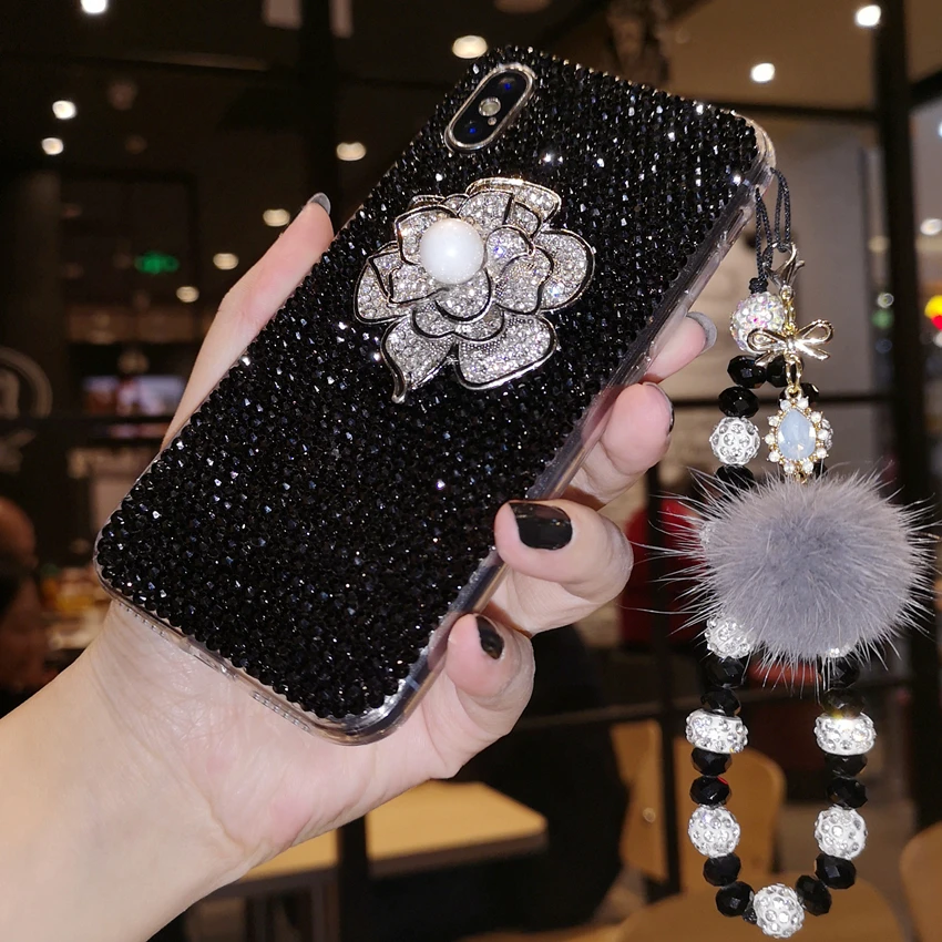 

Pearl flower Handmade Case 3D Phone Cover for iPhone 7 8 11 12 13 x xs max pro plus Bing Crystal Diamond girl Gift Bracelet