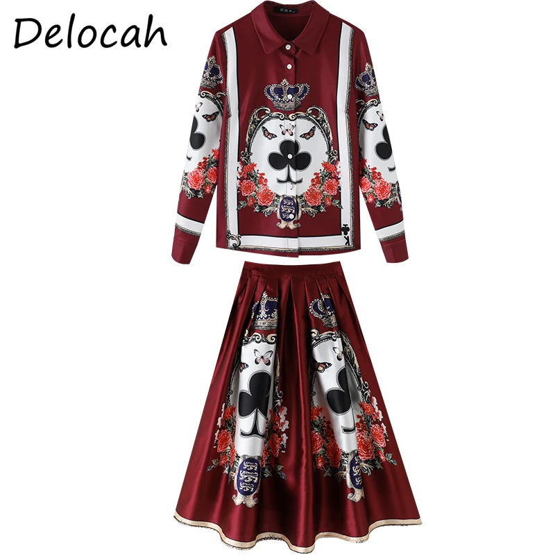

Delocah Women Summer Fashion DesignerSkirt Set Long Sleeve Loose Blouses + High Waist A-Line Midi Skirts 2 TwoPiecesSuits