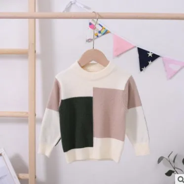 Autumn Winter Toddler Boys Sweater Baby Knitwear Tops Plaid Patchwork Kids Pullover Girls Clothes RT163 - Цвет: camel dark green