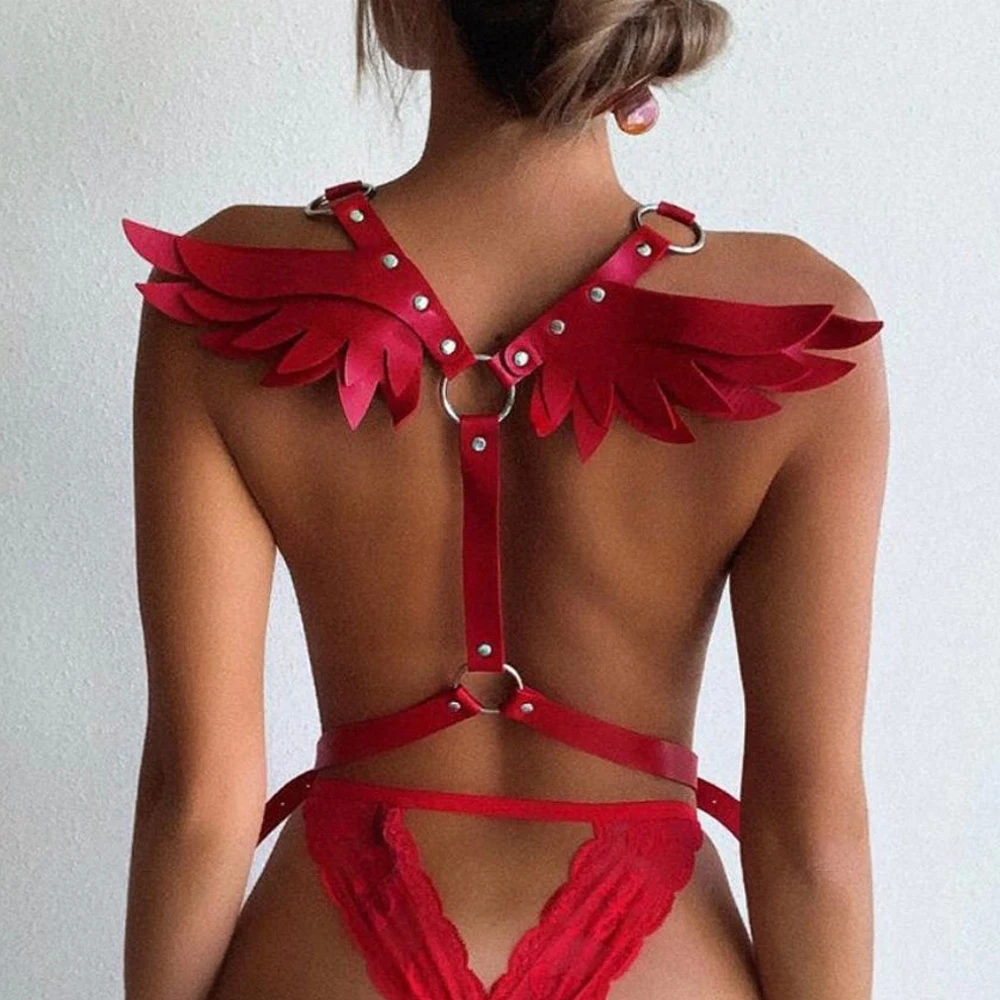 TRODEAM Leather Harness Fashion Black Angel Wings Chest Harness For Women Sexy Lingerie Goth Bra Cage Waist Band Bondage Female