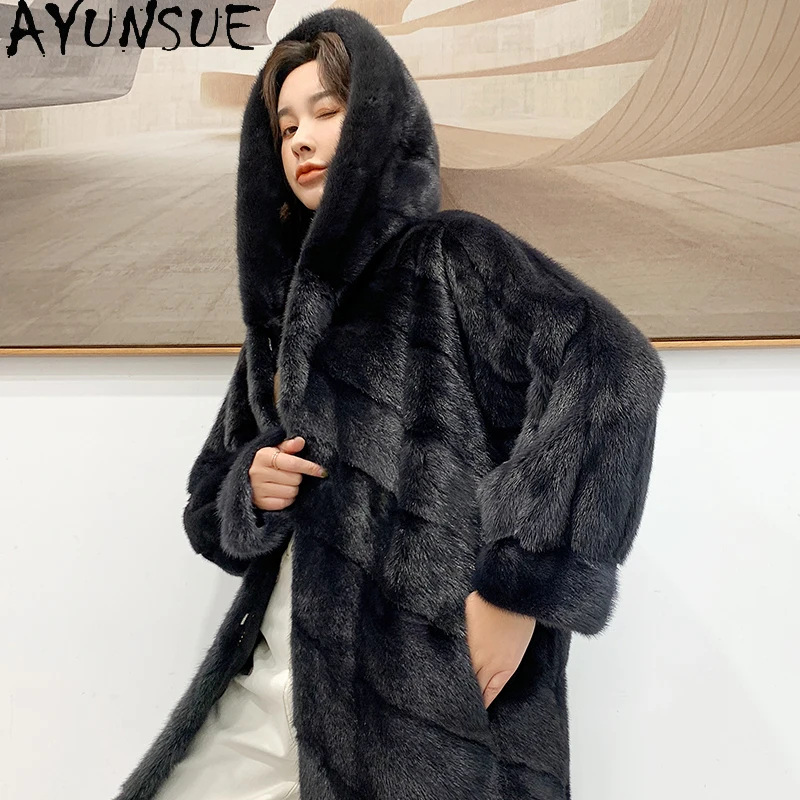 

AYUNSUE Winter Clothes 2020 Women Real Fur Coats Woman Natural Mink Fur Jackets Female Hooded Coat Parkas Velvet Jacket Casaco