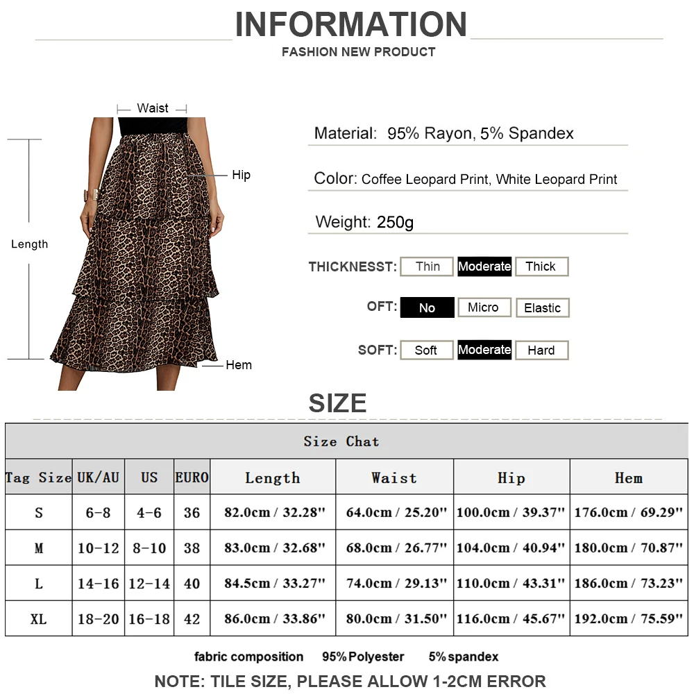 

Ruffle Hem Skirt Fashion Ladies Calf-length OL Skirt Women Leopard Print Layered 2021 Spring Summer Casual High Waist Skirts D30