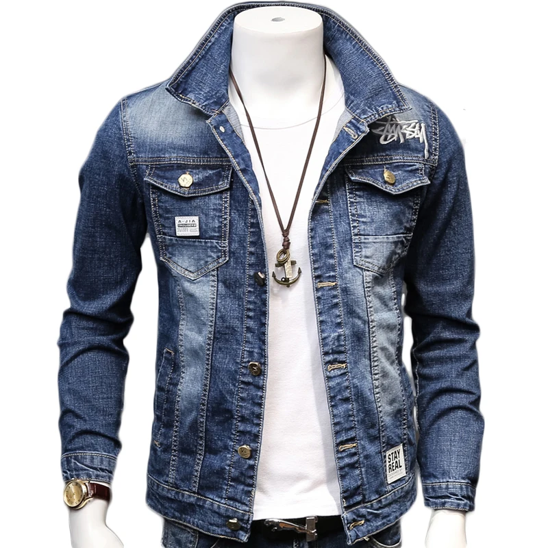 

2019 Spring and Autumn Fashion Men's Denim Jacket Embroidered Slim Men's Cotton Jacket Men Lapel Long Sleeve Denim Pilot Jacket