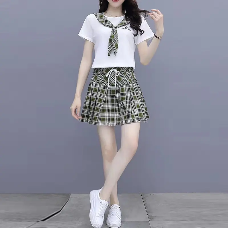

College Style Suit 2021 Summer New Korean Women's Mini With High T-Shirt Plaid Pleated Skirt Two Piece Set
