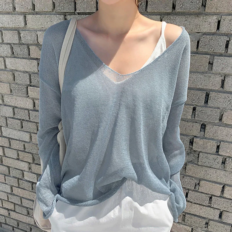 

Women Casual V Neck Knitted Blouse Solid Loose Ladies Tops Batwing Sleeve See Through Sexy Shirt Female Roupas Feminina