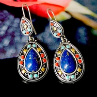 women european and american vintage natural lapis lazuli color earrings bohemian ethnic wind pine stone and diamonds earrings