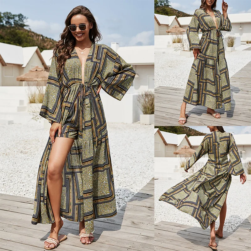 Women's Swimming Suit Coverup Pareo Swimsuit Cover Up Long Kaftan Beach Dress Plus Size Bikini Playa Tunic Salida Cardigan Retro