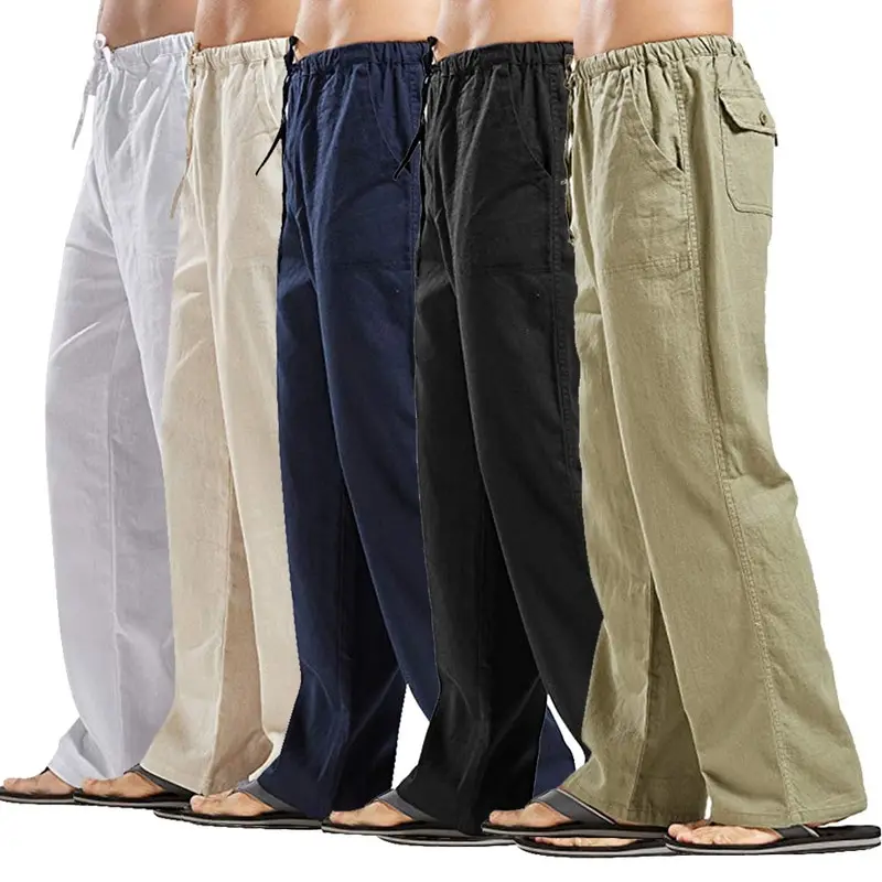 

2021 Mens Nature Cotton Linen Trousers Summer Pants Casual Male Solid Elastic Waist Straight Loose Pants Plus Size Fit