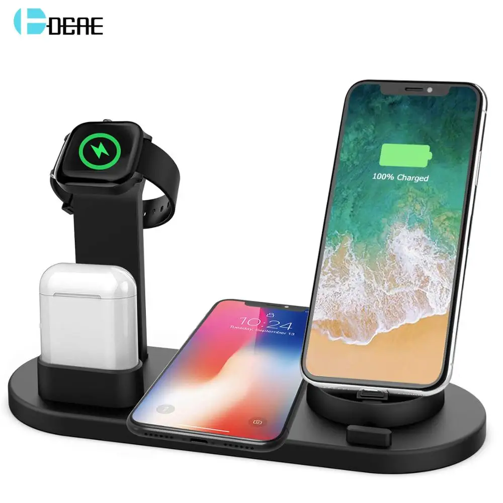 Зарядная док станция DCAE 4 в 1 держатель для Apple Watch 6 5 iPhone 12 11 X XS XR MAX 8 Airpods Pro Qi