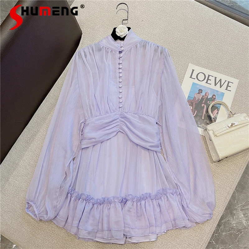 

Новинка Осень-зима 2021, элегантное женское платье-водолазка с пузырьковыми рукавами и несколькими пуговицами, женское модное однотонное Сет...