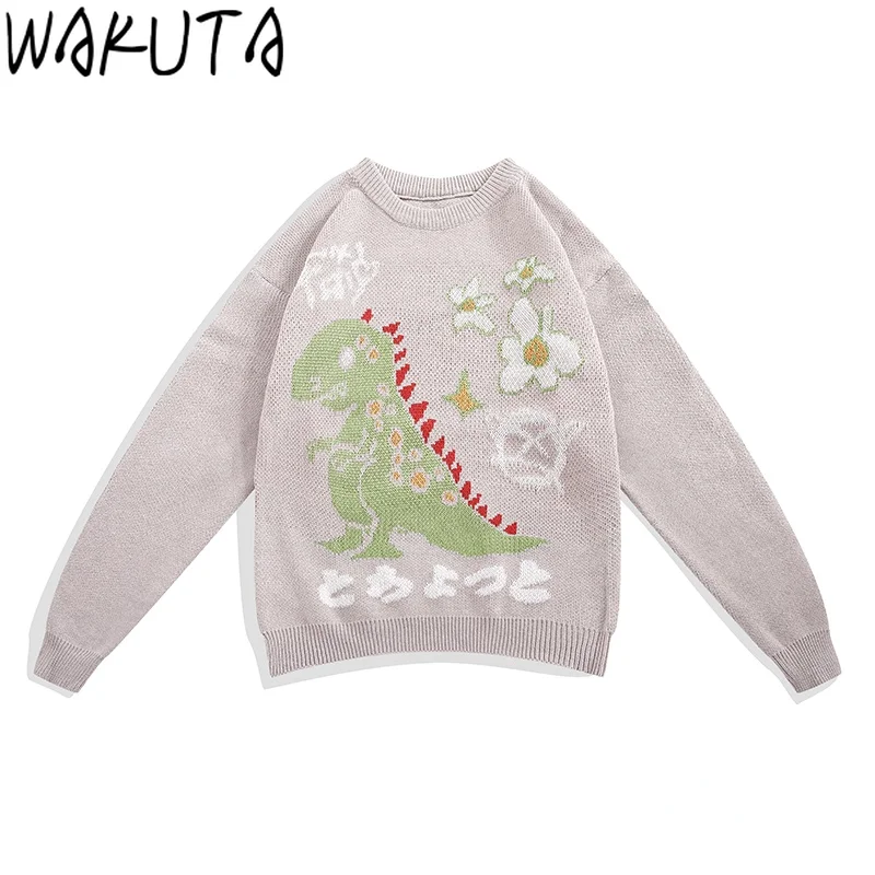 Винтажный Японский свитер WAKUTA 2021 Женский пуловер с цветочным рисунком динозавра
