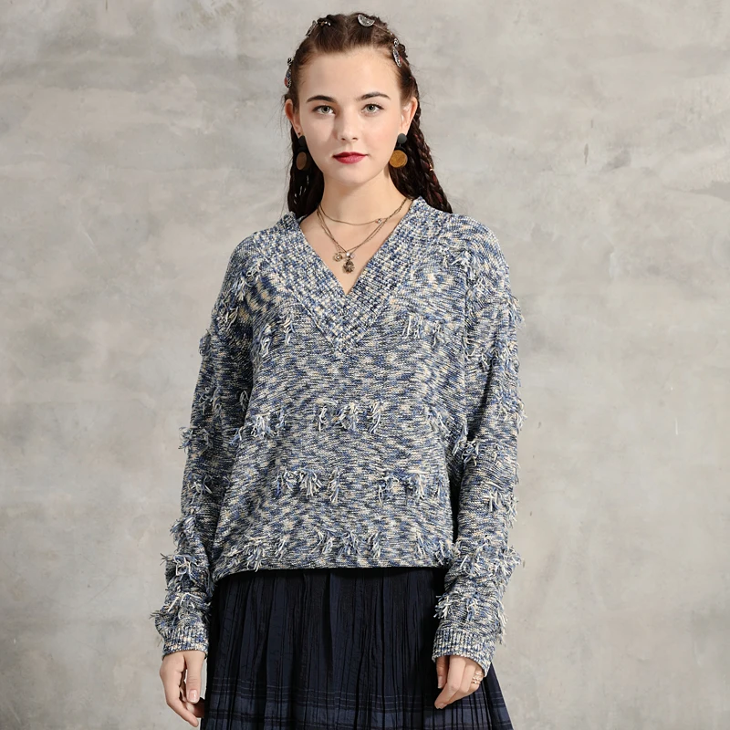 

Winter Women Sweater 2020 Spring Vintage Cotton Wool Women Pullover V-Neck Loose Pullovers 9295 Long Sleeve Knitted Sweaters