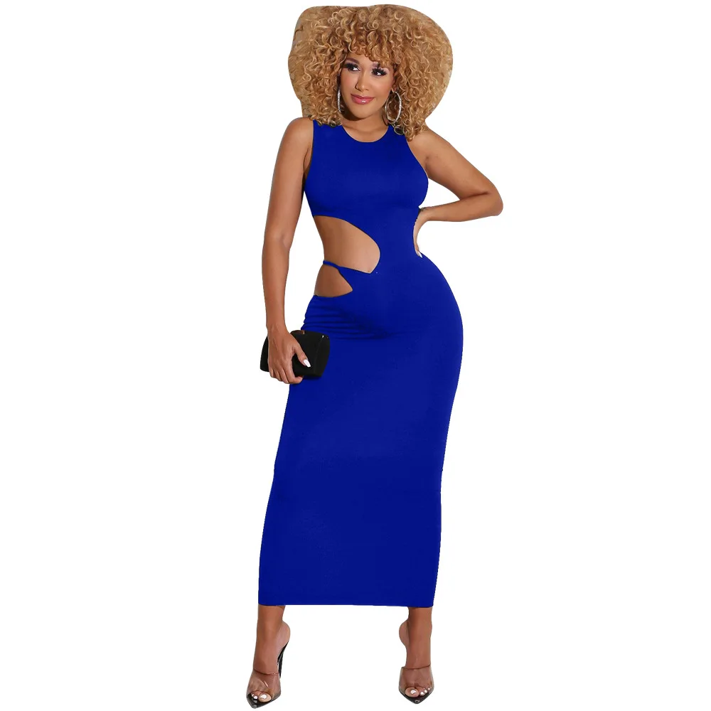 

Female Sexy Solid Dress Sleeveless Round neckline Hollow Summer Nightclub Party Dress Street Wear