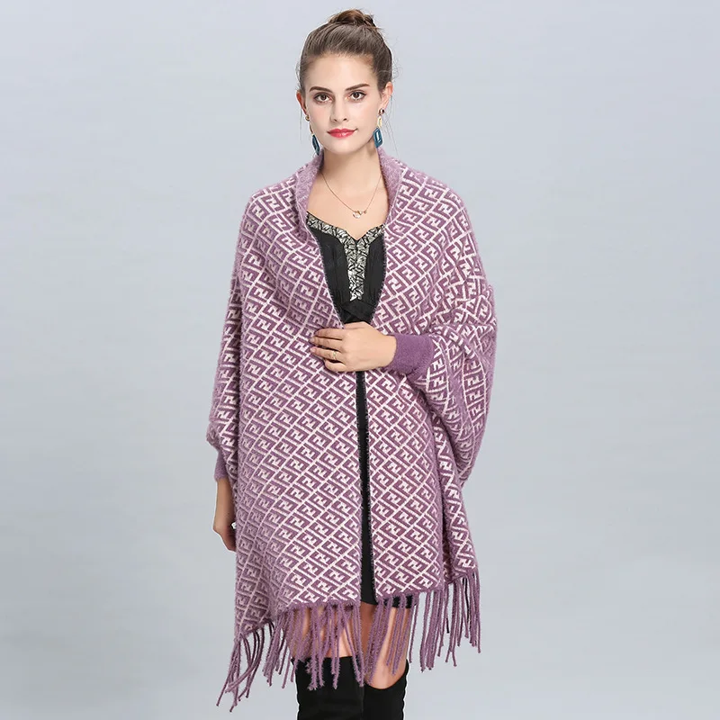 Модное теплое осеннее однотонное большое клетчатое пончо для женщин Норковое