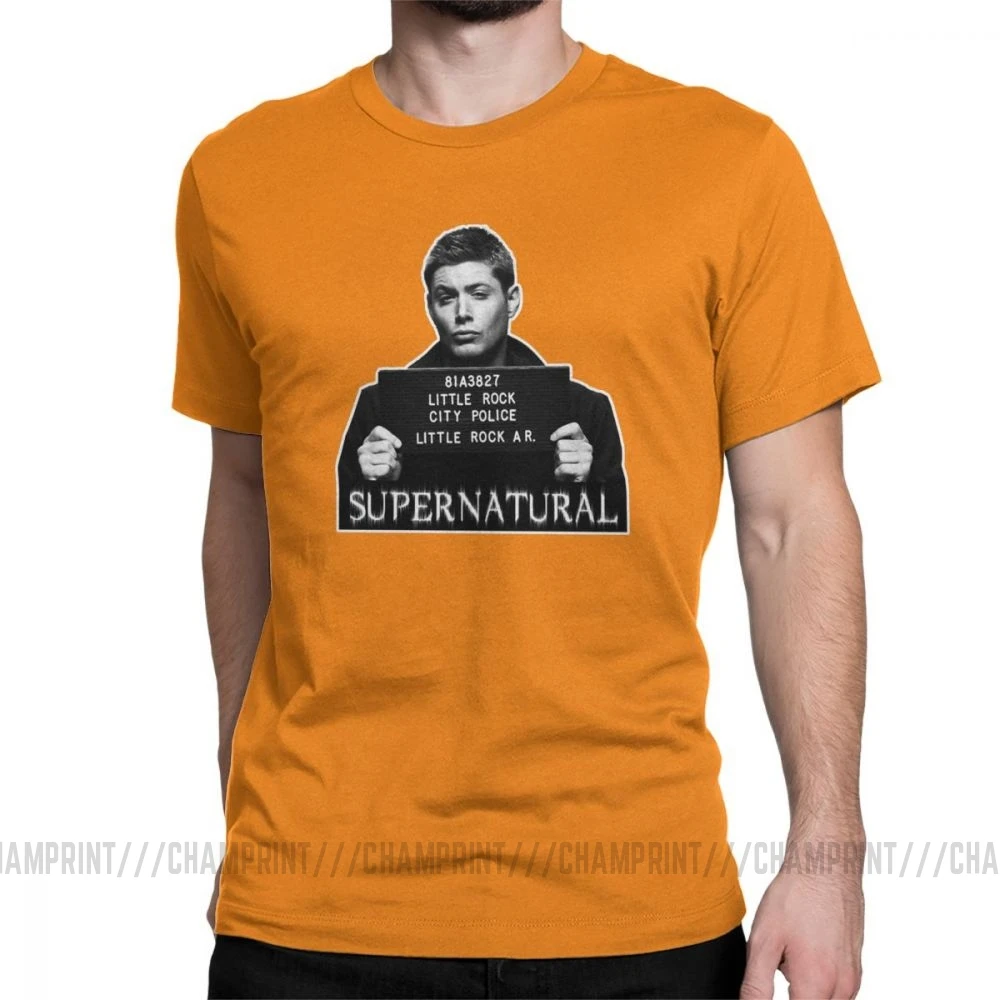 Dean Mugshot футболка Сверхъестественное SPN Brothers футболка мужские топы размера плюс забавная футболка с круглым вырезом из чистого хлопка - Цвет: Оранжевый