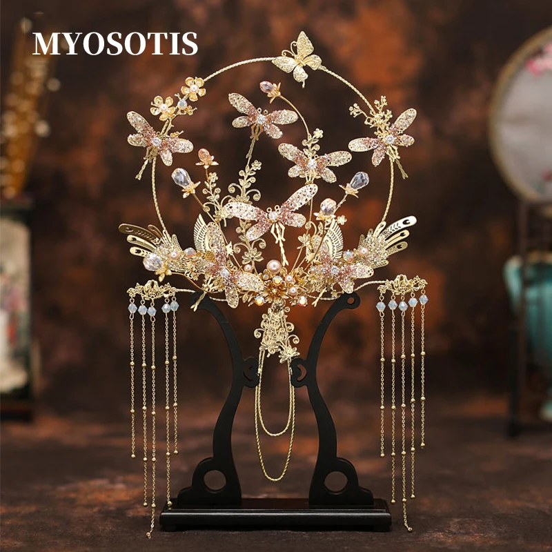 Ажурный китайский винтажный свадебный веер-букет Золотая круглая Веерная