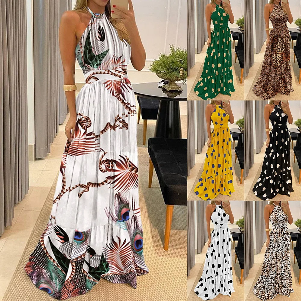 

Uefezo Summer beach Women Dress 2020 long Print Flowers Polka-dot strap Ladies Halter boho Dress Vintage party ladies Dress