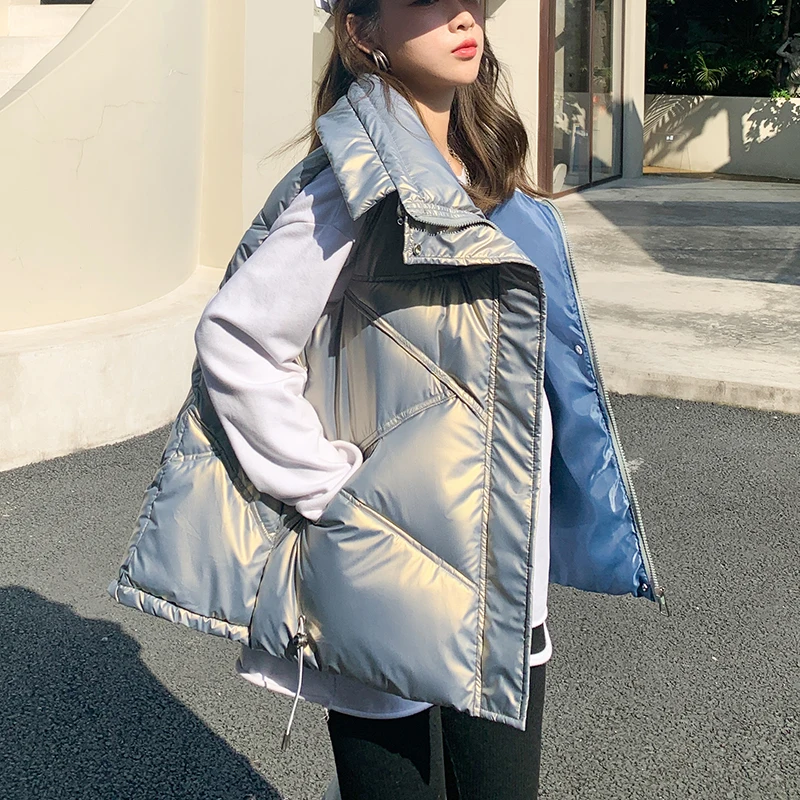 

Shinny Winter Puffer Vest Women Solid Turn Down Collar Zipper Quilted Ladies Sleeveless Jacket Loose Korean Style Waistcoat