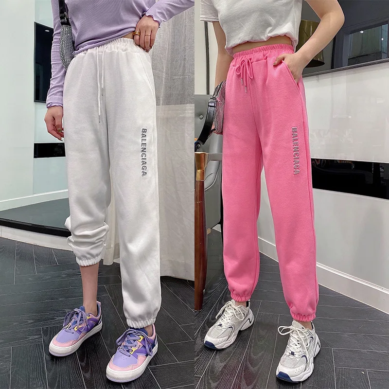 

Spring's new 100-legged sweatpants women's embossed letter loose-fitting nine-point casual high-waisted thin Harlan wei pants