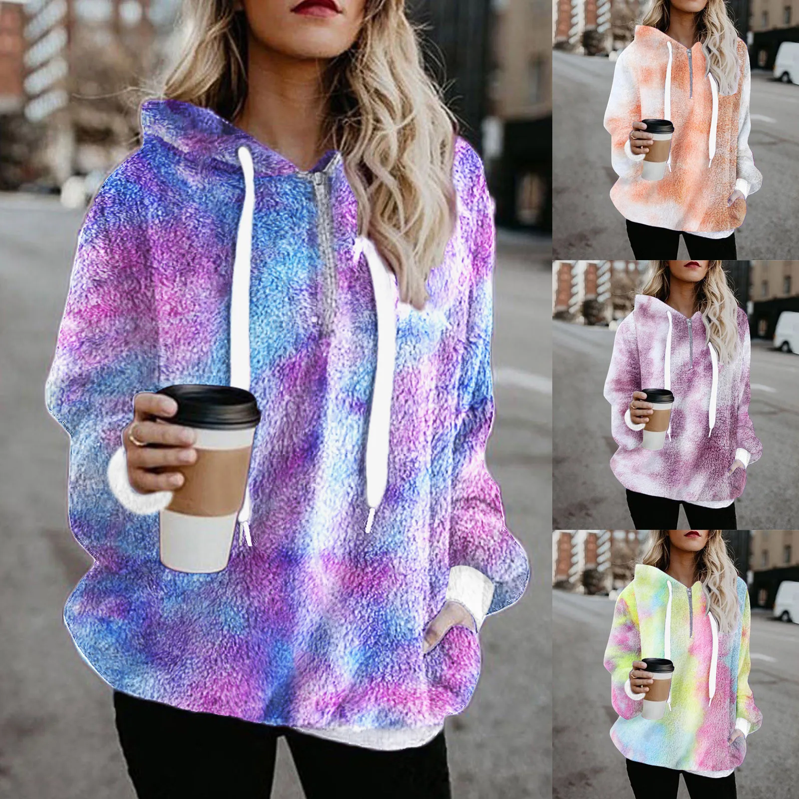 

Harajuku Tie-Dye Plush Hoodies Women Winter Warm Casual Fleece Sweatshirts Long Sleeve Loose Zip Up Solid Shaggy Pullovers Coat