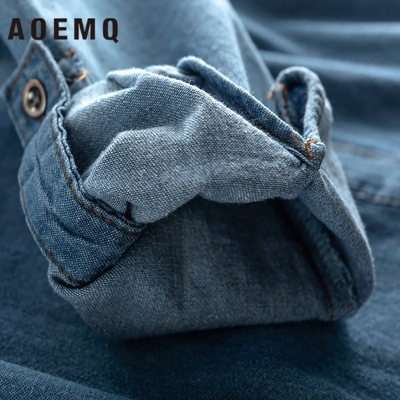 AOMEQ джинсовая синяя рубашка осеннее платье с отложным воротником ТРАПЕЦИЕВИДНОЕ