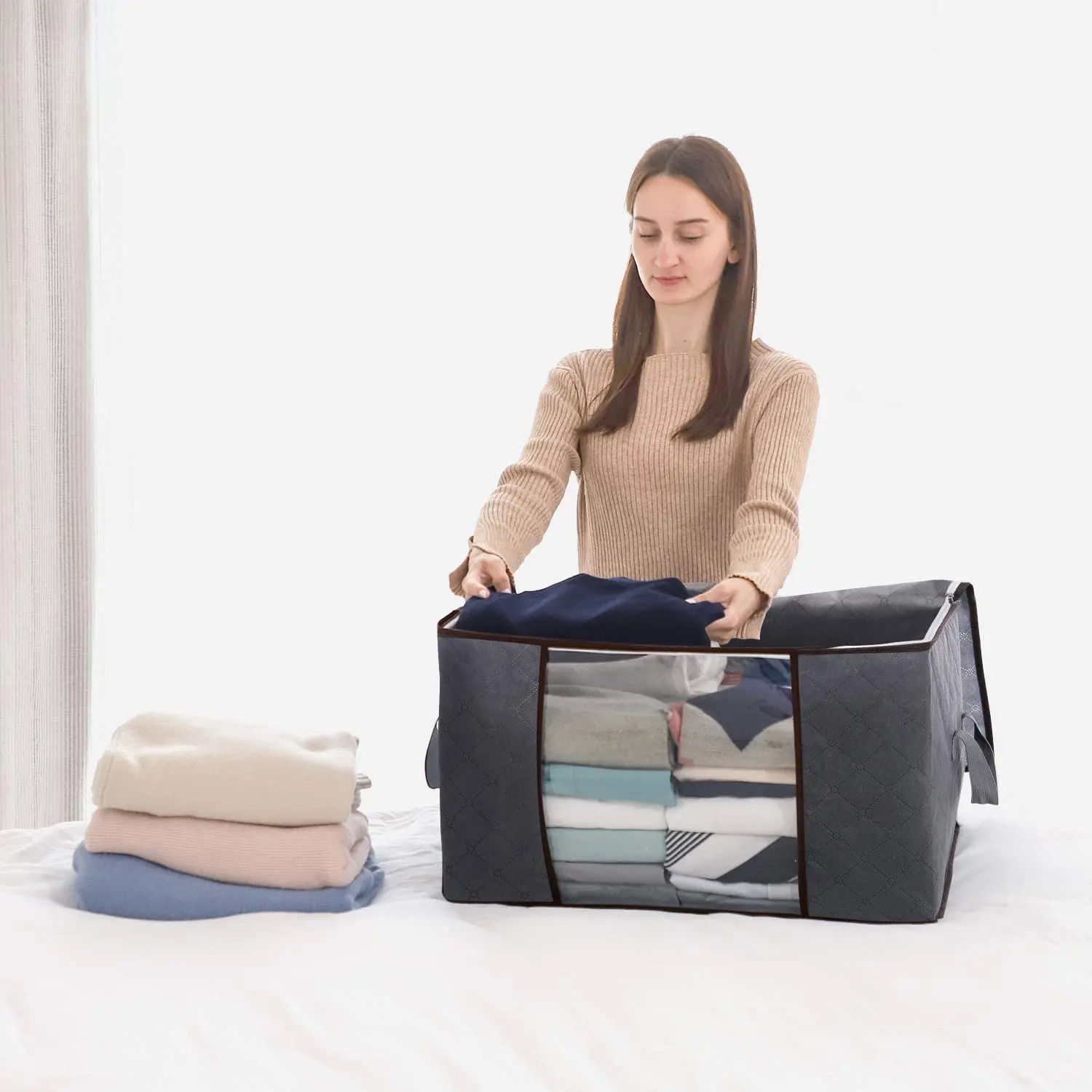 

2 Packs Storage Bag Closet Organizer Reinforced Handle Firm Fabric Strong Zipper Foldable Breathable Storage Container Set