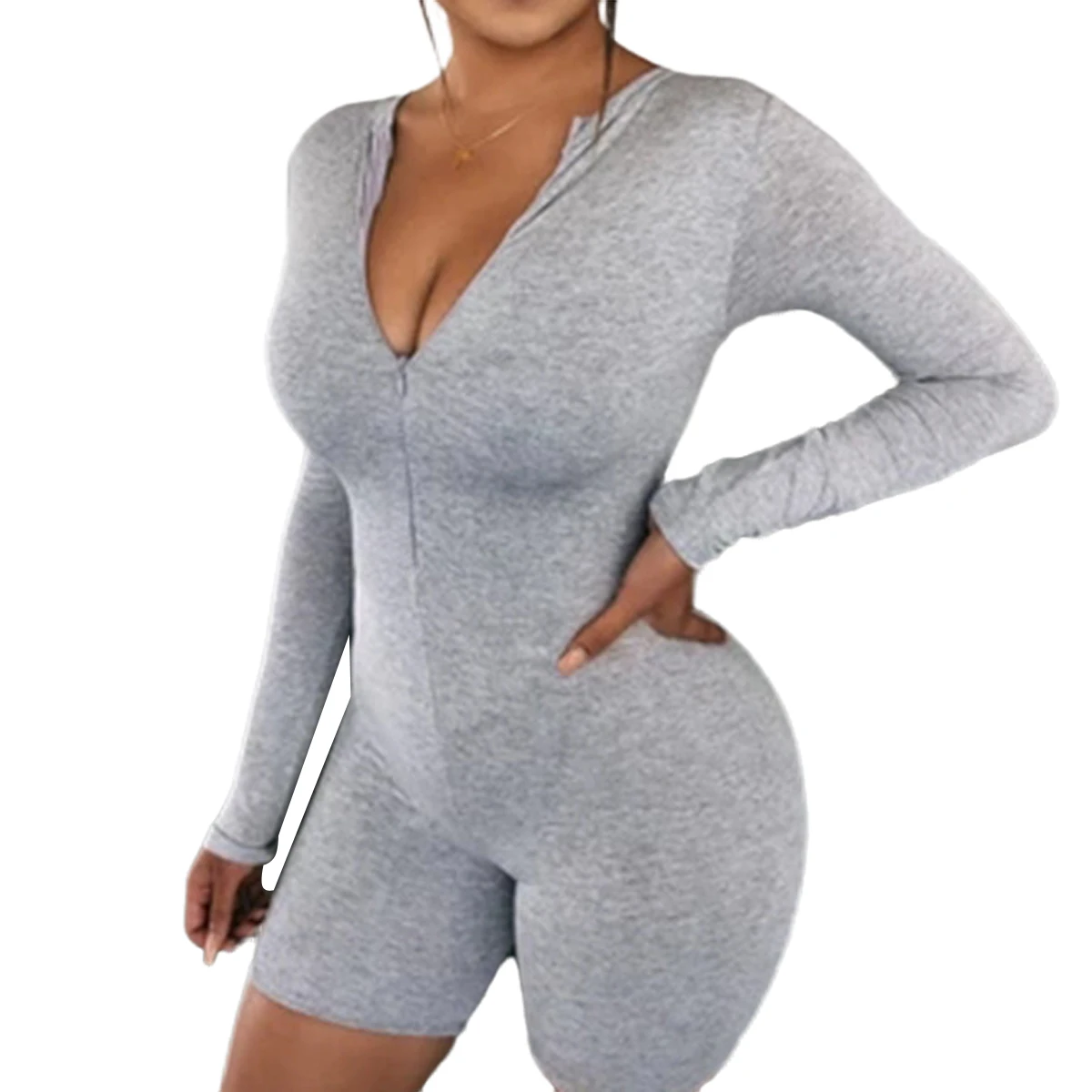 

Fashion Women Ladies Playsuit Solid Long Sleeve Deep V neck Zipped Sexy Romper Summer Skinny Home Wear Clothes