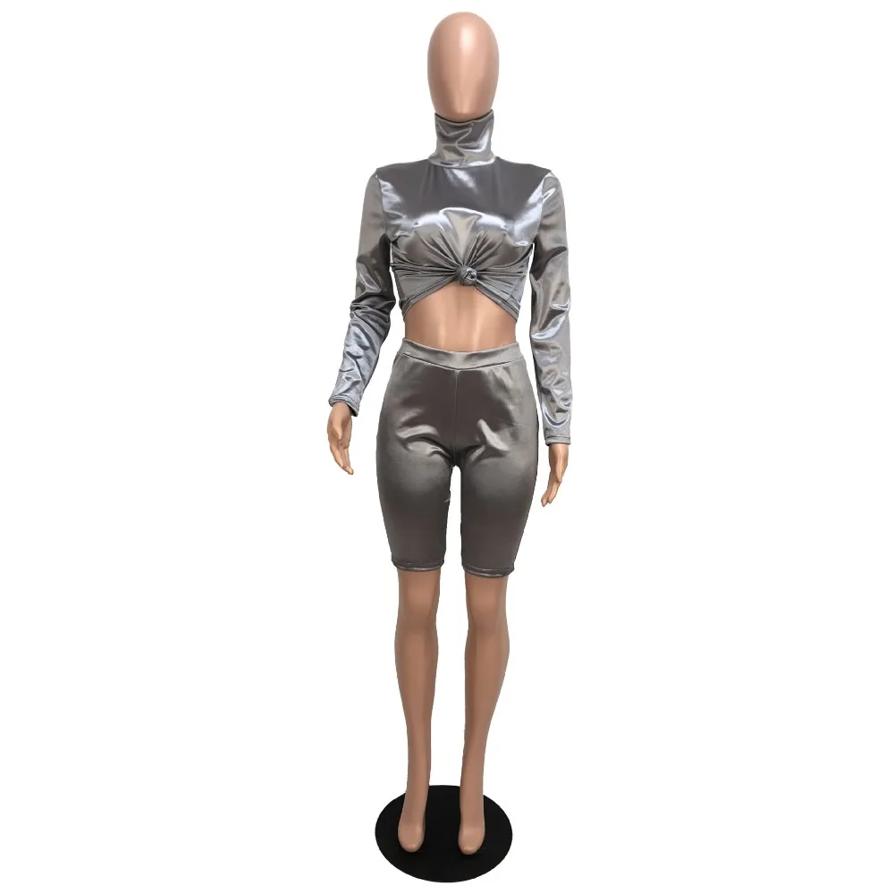 

Argentate Sexy 2 Piece Outfits Women Turtleneck Long Sleeve Crop Top And Bodycon Short Pants Autumn Fashion Shiny PartysuitR6125