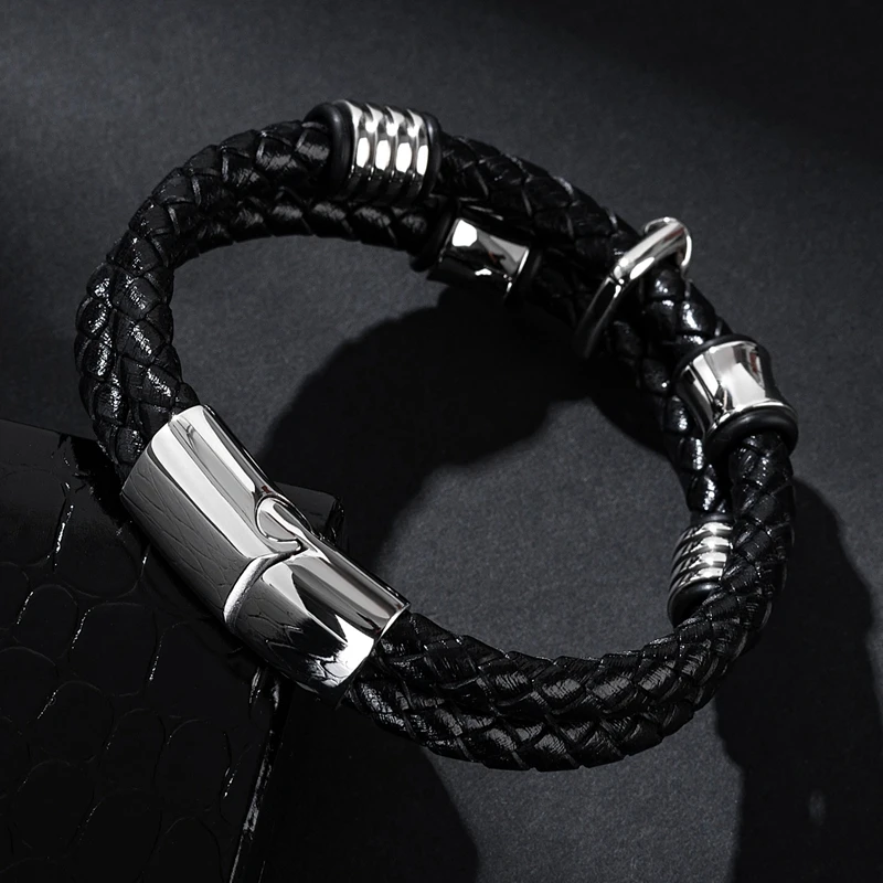Модный мужской браслет MOZO плетеный из натуральной кожи с цепочкой в виде черепа