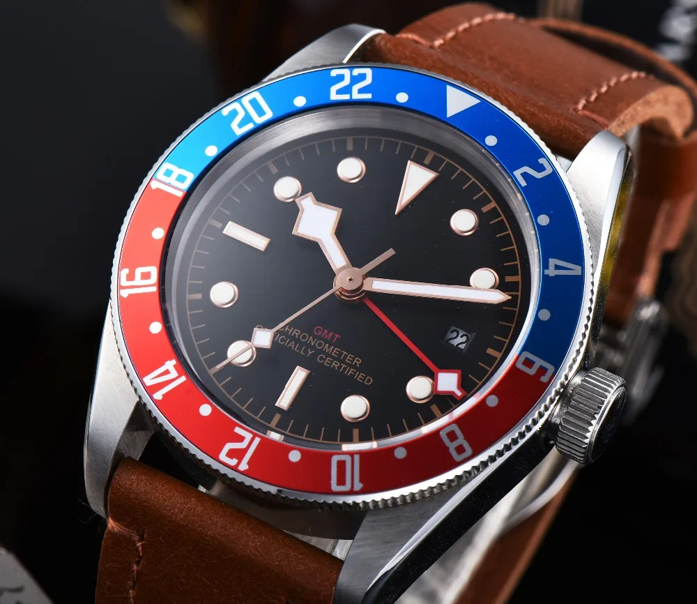 Corgeut 41 мм GMT часы черный циферблат Bay черный и красный ободок кожа механические мужские часы с автоматическим подзаводом