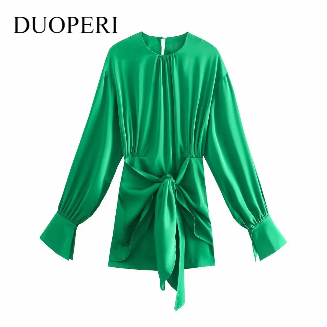 

Платье-рубашка DUOPERI женское атласное, модное повседневное шикарное уличное мини-платье с длинными рукавами-манжетами и узлом, с круглым выр...