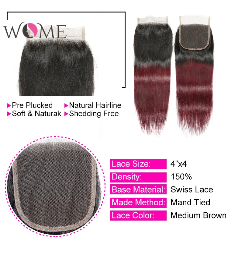 Женские пучки человеческих волос Ombre с закрытием предварительно цветные 1b/99j