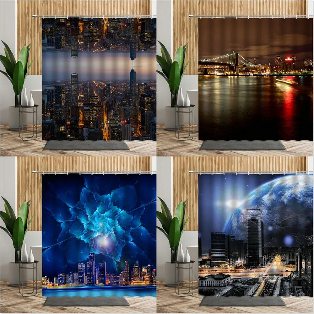 

Landscape Shower Curtain Set City Night Scenery Bathroom Decor Creative Living Room Wall Fabric With Hooks Bath Hanging Curtains