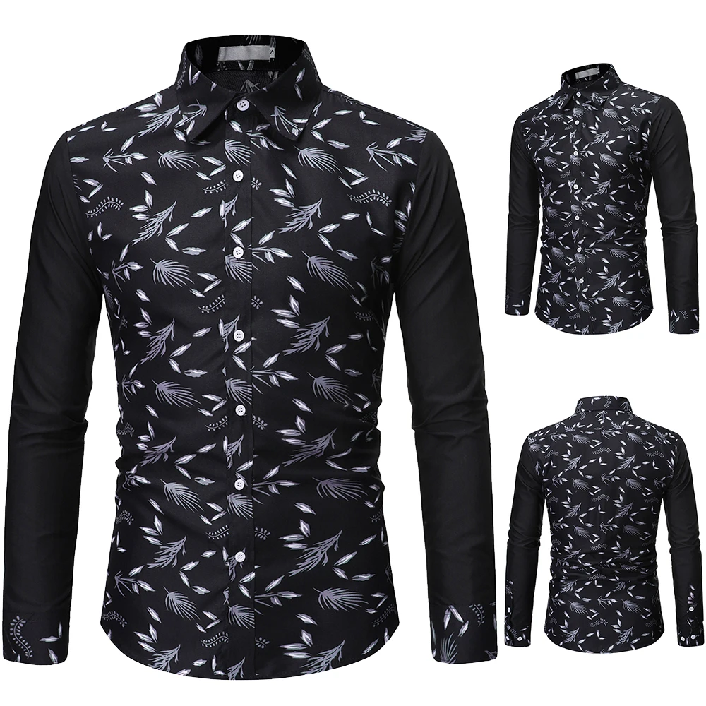 

Spring/Summer 2021 Men's Long Sleeve Shirt, Black Print Patchwork Shirt with Lapel, Men's Casual Slimming Business Shirt S-2XL