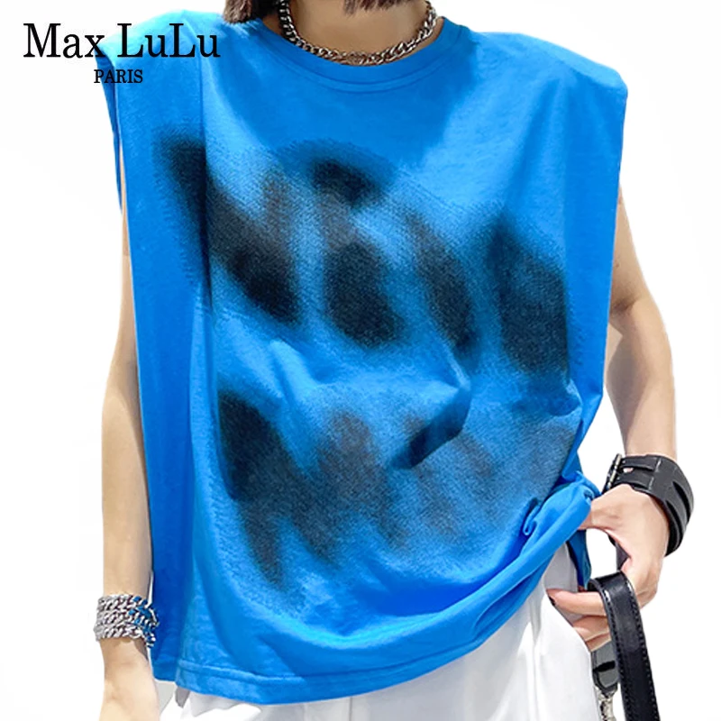 

Max LuLu European Fashion 2021 Summer Women Letters Printed Blue Tank Ladies Sleeveless Casual Tee Girl Vintage Tshirts Big Size