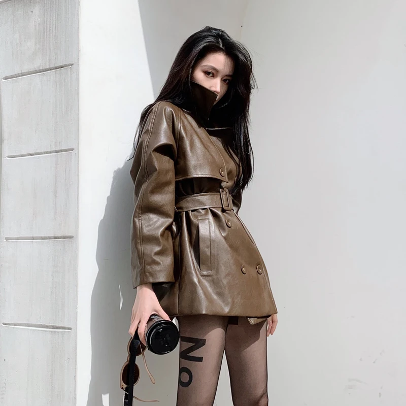 Куртка женская с толстой подкладкой двубортная куртка из искусственной кожи