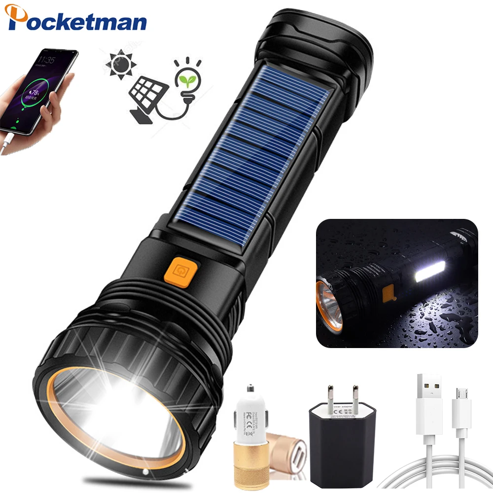 

Powerful Solar Charging Flashlight USB Rechargeable Flashlight Outdoor Camping Torch Waterproof Flashlight Emergency Torch