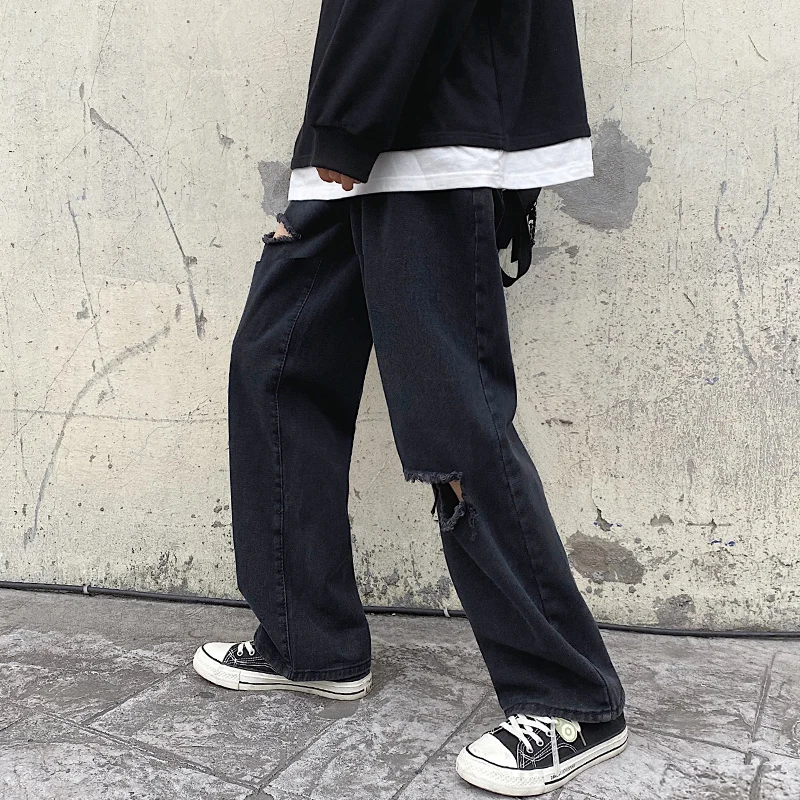 

Fashion Men's Ripped Hole Straight Loose Jeans Male Streetwear Denim Trousers Classic Black Jeans Men Four Seasons S-5XL