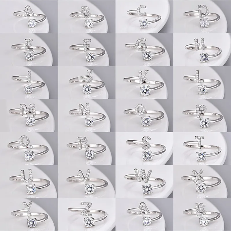 925 Sterling Silver Female Cute Ring Finger Light White Zircon A to Z Sweet Cricle Rings for Woman Girl Fashion Party Jewelry