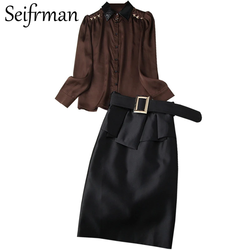 

Seifrmann Summer Women Fashion DesignerSkirts Set Lantern Sleeve Loose Blouses + High Waist Slim Midi Skirt 2 TwoPiecesSuits