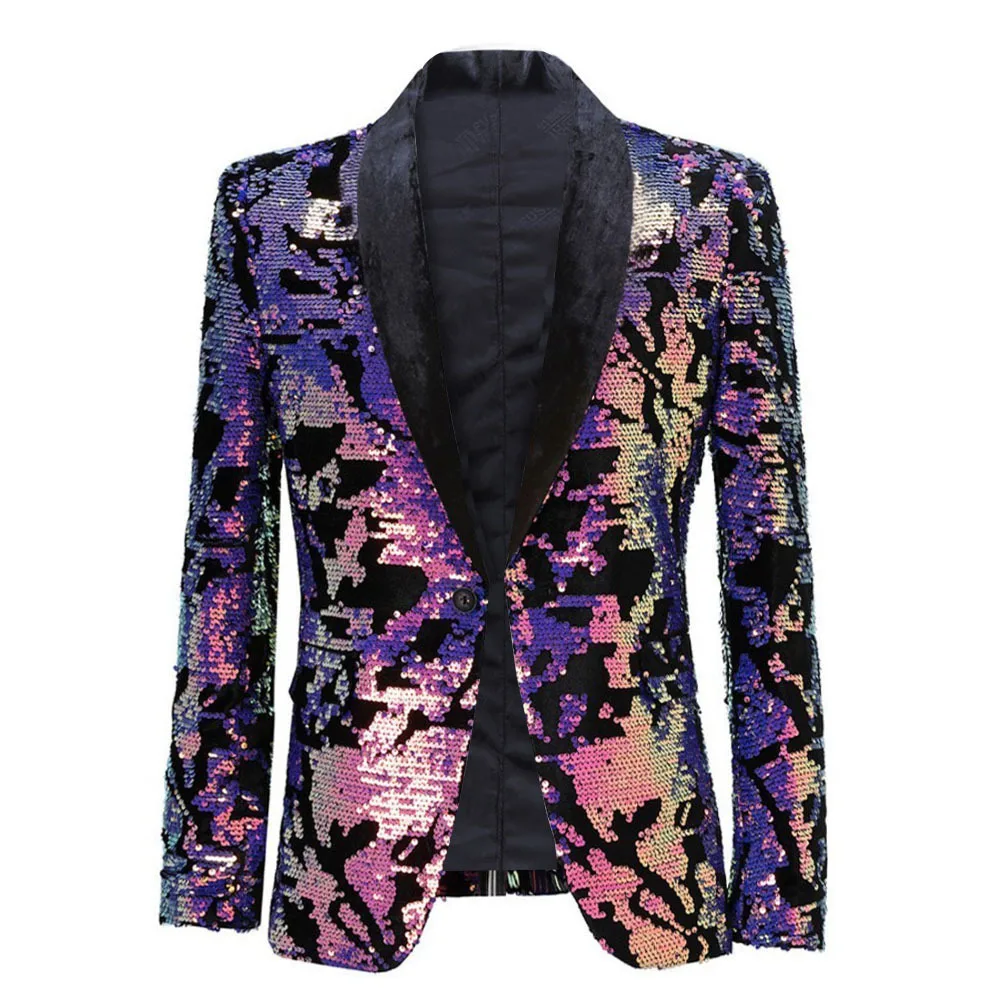 

Fashion Purple Colorful Velvet Sequins Blazer Masculino Slim Fit Men Suit Jacket Stage Singer Costume Shiny Blazers Men Clothing