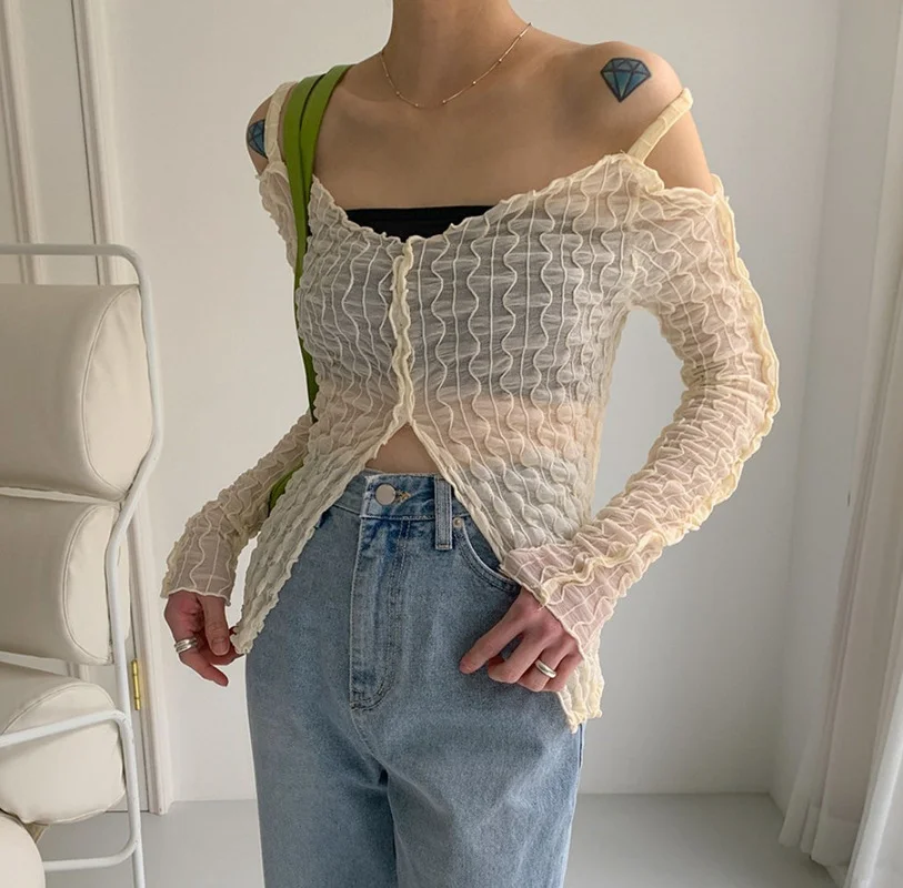 

Y2K Fashion Aesthetics Strapless Zipper Slit Top E-girl Fashion Sexy Wave Ruffled Long Sleeve T-Shirt Transparent Clothing Women