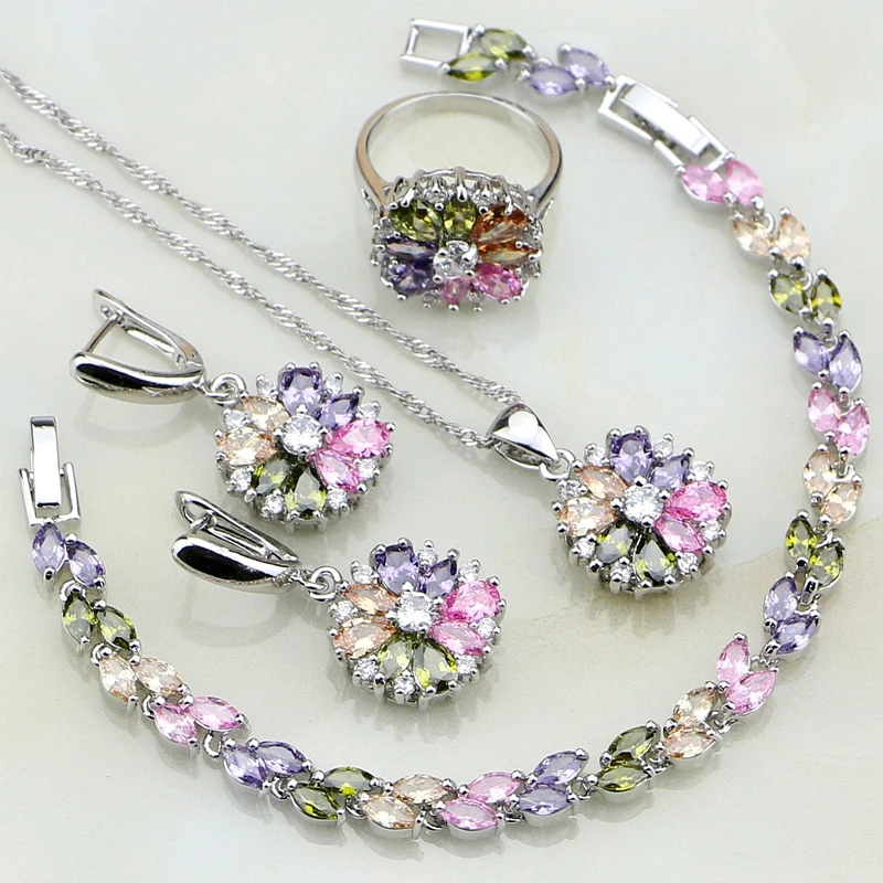 

925 Sterling Silver Jewelry Multicolor Stones Cubic Zirconia Jewelry Sets For Women Earrings/Pendant/Necklace/Ring/Bracelet